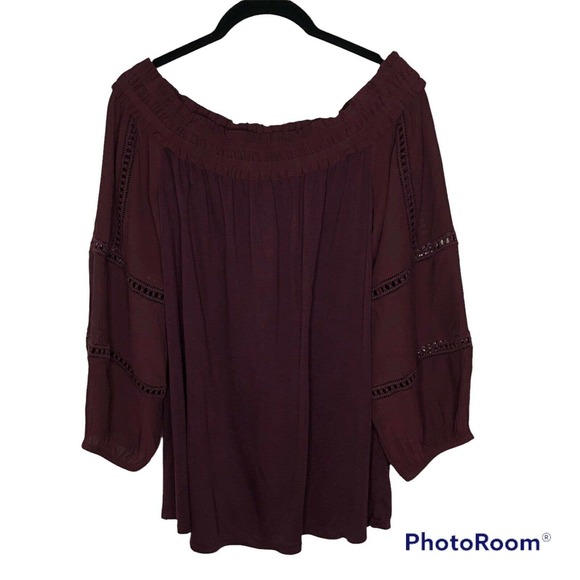 NWT Loft Womens Off The Shoulder Blouse Size Small Burgundy Embroidery - Picture 2 of 7